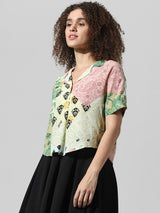 Women's Green Woven Casual Printed Cropped Half Sleeves Shirt