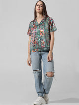 Women's Green Woven Casual Printed Regular Fit Half Sleeves Shirt