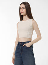 Women's White Knitted Casual Solid Cropped Sleeveless Top