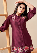 Women's Red Work Regular Fit Embroidered Three Quarter Sleeves Co-Ord Sets