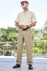 Unisex Beige Casual Straight Fit Mid Rise Korean Trouser