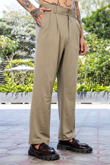 Unisex Beige Casual Straight Fit Mid Rise Korean Trouser