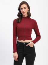 Women's Wine Casual Full Sleeve Ribbed Mock Neck Zipped Bodycon Top