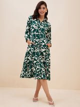Women's Green Geometric Printed Shirt Midi Dress