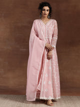 Women's Pink Motif Embroidered Panelled Kurta With Palazzo With Solid Dupatta