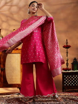 Women's Dark Pink Motif Woven Design Short Kurta With Solid Wide Leg Palazzo and Dupatta