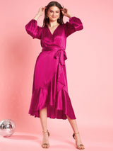 Women's Pink Puff Sleeve Laye Satin Wrap Midi Opaque Party Dress