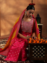 Women's Pink Motif Woven Design Sleeveless Kurta With Solid Trouser and Dupatta