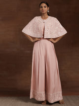 Women's Pink Solid Crop Top With Wide Leg Palazzos and Floral Short Poncho