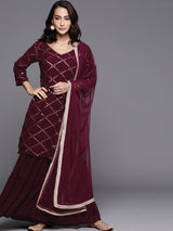 Women's Purple Georgette Mirror Work Straight Kurta and Purple Sharara With Net Dupatta