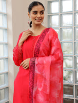 Women's Red Solid Panelled Kurta With Yoke and Solid Trouser With Dupatta