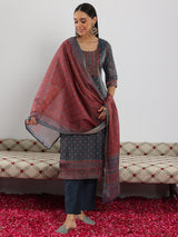 Women's Teal Blue Motif Printed Kurta With Lining and Solid Trouser With Dupatta