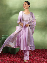 Women's Purple Silk Blend Yoke Design Straight Kurta and Trouser with Silk Blend Printed Dupatta