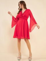 Women's Red V-Neck Fla Sleeve Sequinned Fit & Flare Dress