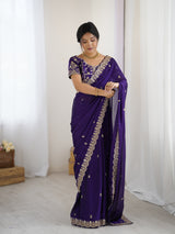 Women's Pure Georgette Purple Embellished Designer Saree With Blouse Piece