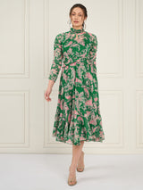 Women's Green Floral Printed Chiffon High Neck Fit & Flare Midi Dress