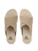 Women's Beige Criss-Cross Fly Knit Comfort Slides
