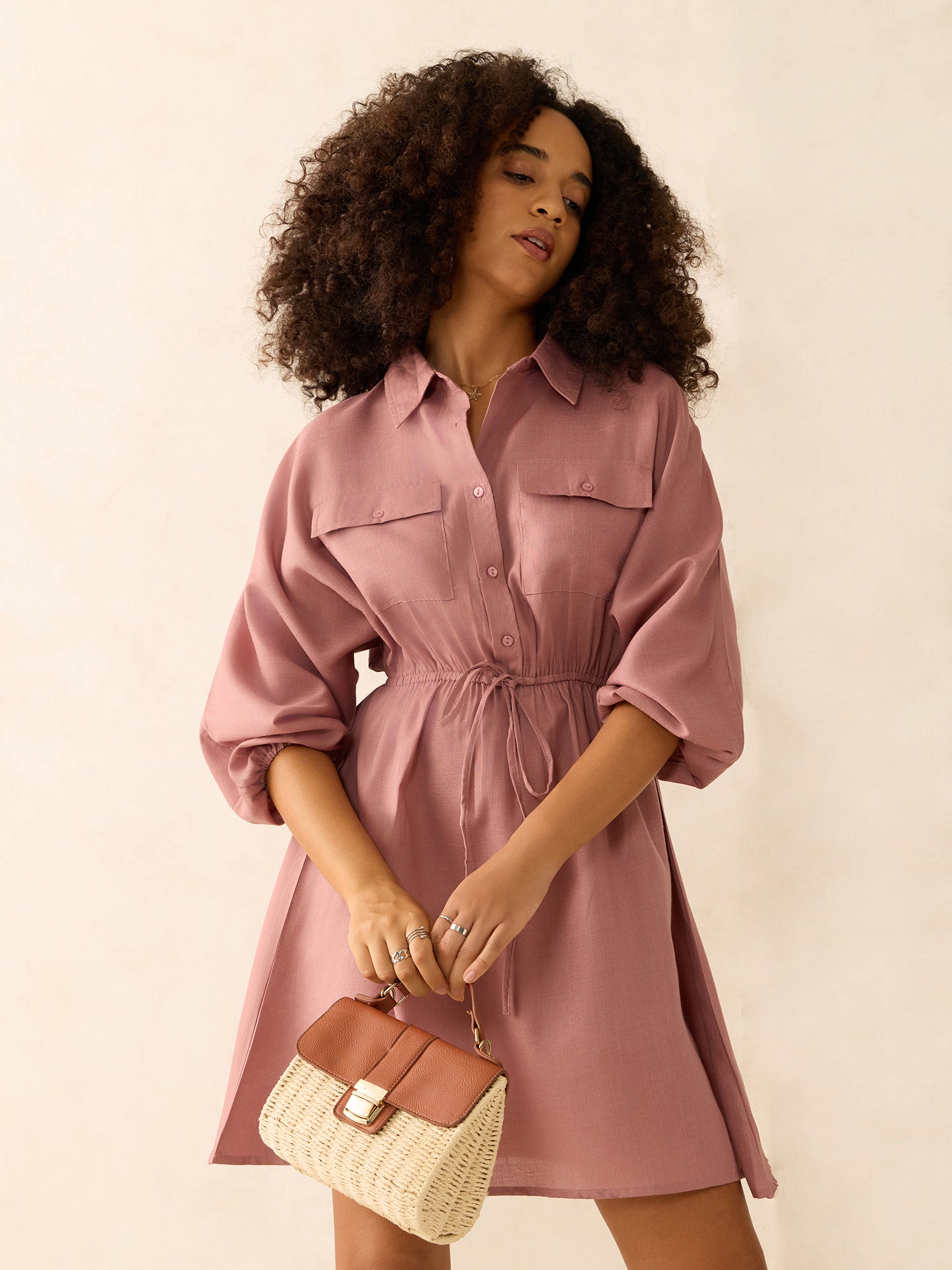 Women's Beige Mini Utility Detail Dress