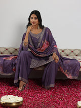 Women's Purple Floral Zari Embroidered Kurta With Palazzo and Printed Dupatta