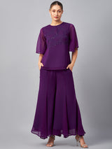 Women's Purple Sequin Embroide Top With Palazzo Co-ords Set