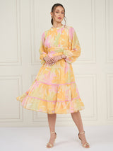 Women's Yellow Floral Printed Pleated Puff Sleeves Tie Chiffon Fit & Flare Midi Dress