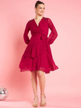 Women's Red Embellished Bell Sleeve Laye Chiffon Fit & Flare Party Dress