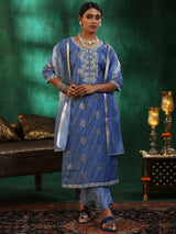 Women's Blue Leheriya Printed and Kurta With Lining & Trouser With Printed Kota Dupatta