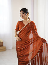 Women's Pure Georgette Brown Embellished Designer Saree With Blouse Piece