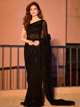 Women's Georgette Black Embellished Designer Saree with Blouse Piece