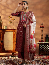 Women's Brown Ethnic Motif Kurta With Solid Trouser and Floral Printed Dupatta
