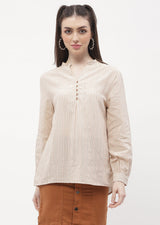 Women's Beige Casual Full Sleeve Ruffle Mandarin Collar Striped Top