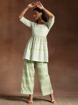 Women's Green Chevron Embroidered A-line Tunic With Embroidered Wide Leg Palazzo