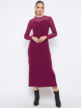 Women's Plum Casual Full Sleeve Swarovski Detailed Solid Round Neck Knitted Maxi Dress
