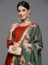 Women's Maroon Yoke Design Kurta With Trousers & With Dupatta