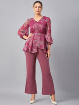 Women's Onion Pink Floral Printed V-Neck Tunic With Trousers