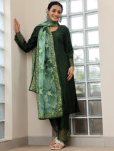 Women's Dark Green Panelled Kurta With and Trouser With Embroidered Hem & Dupatta