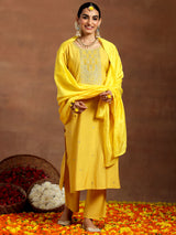 Women's Yellow Embroidered Yoke Straight Kurta and Solid Trouser with Yellow Self Design Dupatta