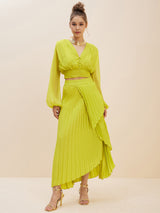 Women's Lime Green Crop Top With Accordion Pleated Overlap Assymetric Skirt