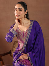 Women's Purple Bandhani Printed Straight Kurta With Trouser and Chiffon Dupatta