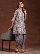 Women's Grey Floral Printed A-line Short Kurta With Printed Dhoti Pants