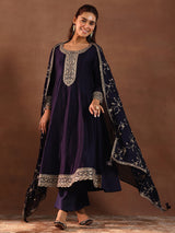 Women's Purple Floral Zari Embroidered Kurta With Solid Trouser and Dupatta