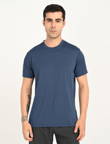 Mens Blue Casual Regular Fit Solid Half Sleeves Tshirt