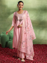 Women's Pink Silk Blend Yoke Design Straight Kurta and Trouser with Silk Blend Printed Dupatta