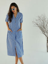 Women's Blue & White Casual Stripe Notched Lapel Midi Dress