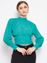 Women's Green Casual Full Sleeve High-Neck Pleated Balloon Top