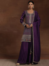 Women's Purple Ethnic Motif Zari Embellished Short Kurta With Palazzos and Dupatta