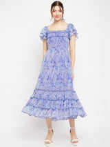 Women's Blue Square Neck Abstract Printed Tie Embellished Chiffon Fit & Flare Midi Dress