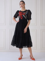 Women's Black Embroide Round Neck Puff Sleeve Tie Fit & Flare Midi Dress