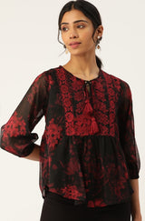 Women's Black Floral Print Tie-Up Neck Top
