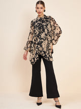 Women's Black & Beige Printed Embellished Top & Trousers
